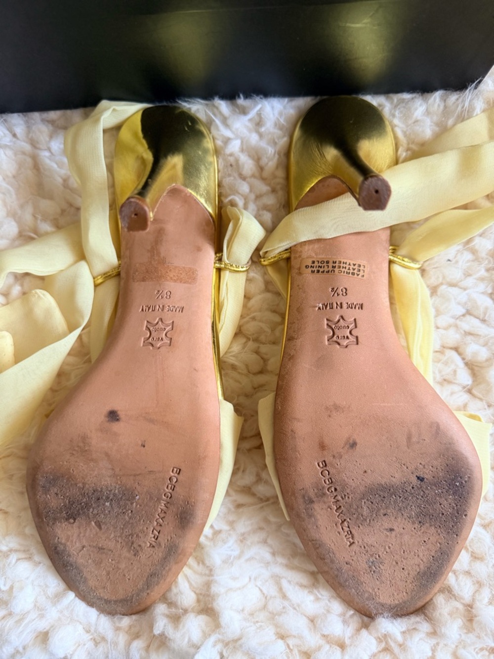 Vintage BCBG Max Azria Gold Ankle Wrap Heels Chiffon Bow Y2K Coquette Heels 8.5⁠ - Picture 5 of 6